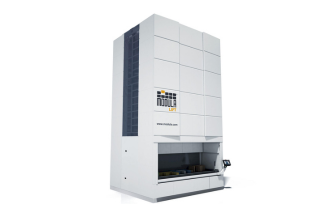 An automated Modula Lift, a white machine with a large door, optimizing warehouse management.