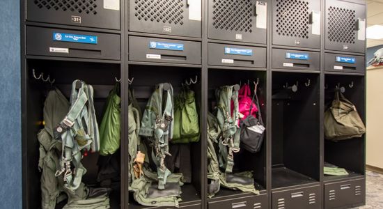 Freestyle lockers for air force pilots for storing helmets and suits.