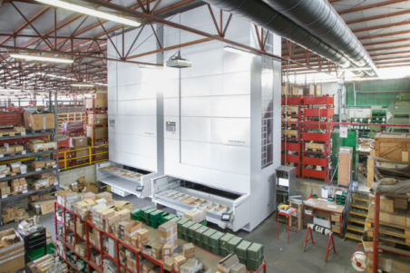 Modula automated storage retrieval system in a warehouse.