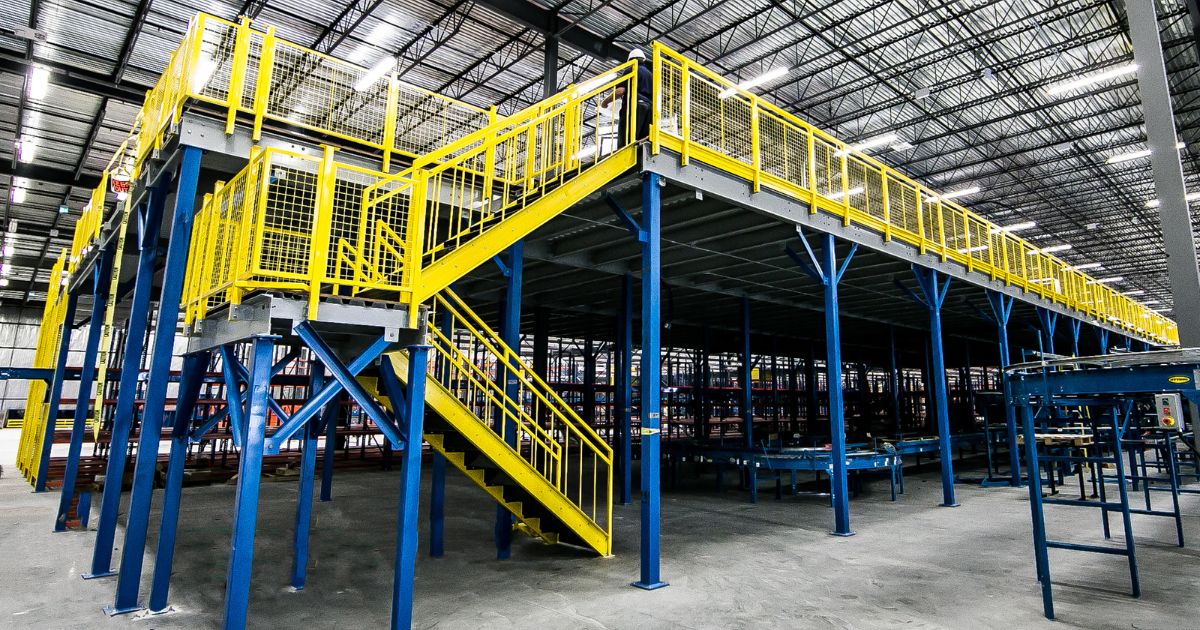 A spacious warehouse with vibrant yellow and blue stairs, featuring a mezzanine storage system.