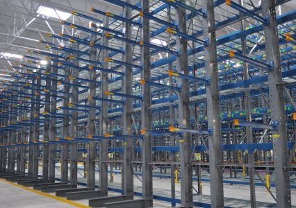 A spacious warehouse showcasing a cantilever racking system.