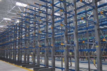 A spacious warehouse showcasing a cantilever racking system.