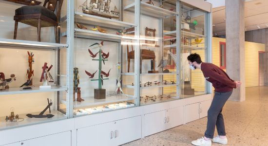 A man examining a variety of objects showcased in a museum's display cabinet.