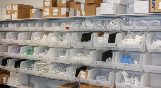 FrameWRX modular bin shelving holding medical supplies at a hospital.