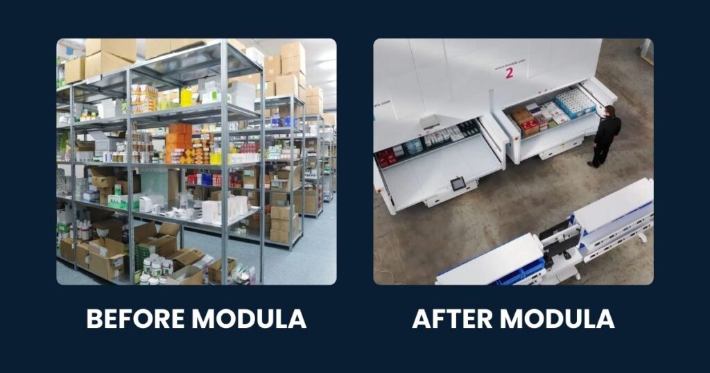Before and after images of a facility utilizing the Modula Vertical Lift Module (VLM)