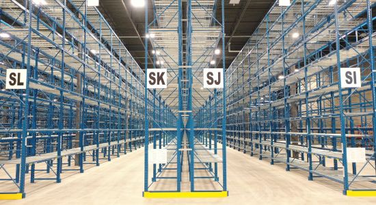 Large warehouse with blue selective racking.