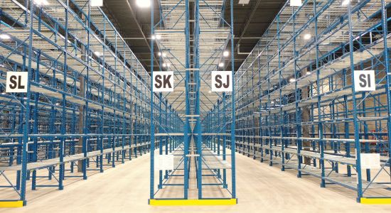 Large warehouse with blue selective racking.