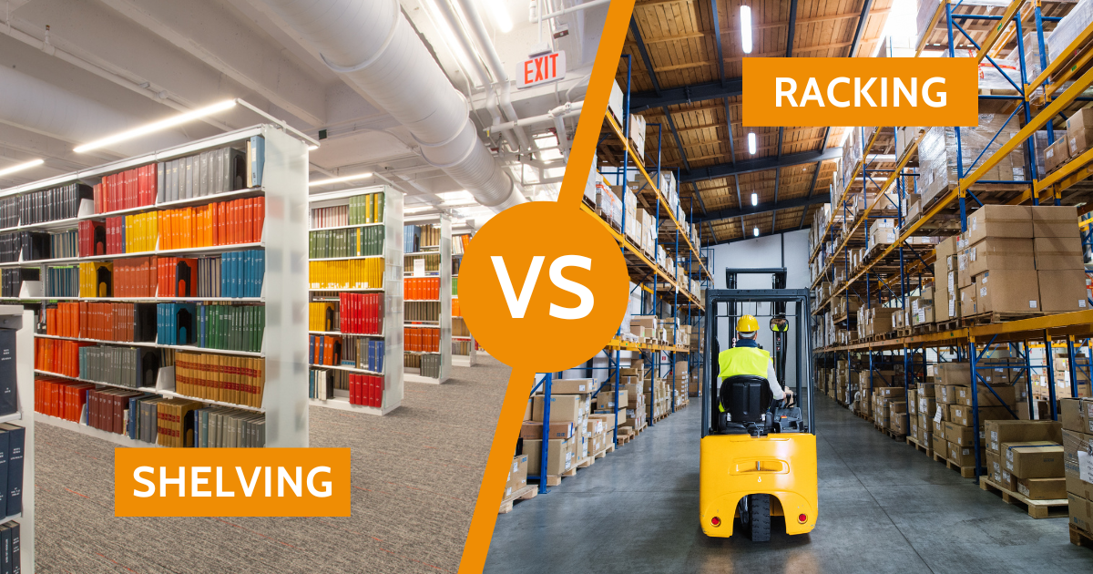image of bookshelves and a caption of shelving on the left, image of a warehouse racking system and forklift with a caption that says racking on the right, a VS stamp and slash is between them