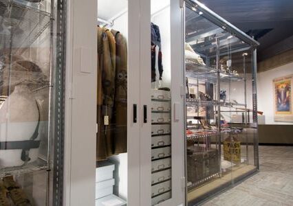 Viking preservation cabinet displaying museum collections in glass case.