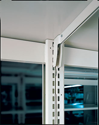 Close up of corner on the Cantilever Library space saver shelving