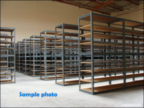 Sample photo of the gray Rapid Rack boltless shelving with wooden shelves from Hi-Cube