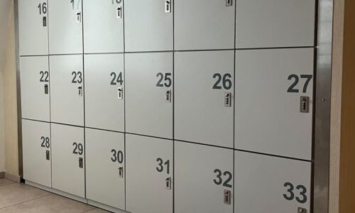 Spacesaver day-use lockers with keyless mechanical combination locks at a BC Lower Mainland outlet mall
