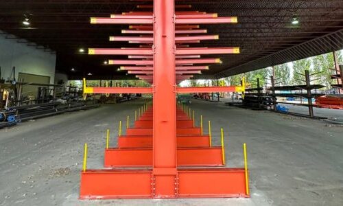 Side view of a heavy duty pipe cantilever storage rack by Hi-Cube for a warehouse in Delta BC