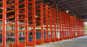 Cantilever racking system with 8 rack arms for pipe storage at a Delta BC supplier's warehouse