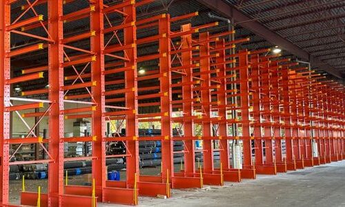 Cantilever racking system with 8 rack arms for pipe storage at a Delta BC supplier's warehouse