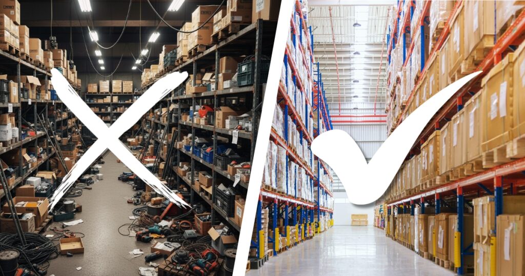 A split image comparing two warehouse layouts. On the left, a messy, disorganized warehouse with an 'X' symbol over it, indicating an inefficient setup. On the right, a clean, optimized warehouse with tall, orderly racking and a checkmark symbol, indicating an efficient and well-organized layout.