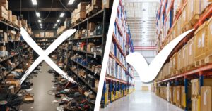 A split image comparing two warehouse layouts. On the left, a messy, disorganized warehouse with an 'X' symbol over it, indicating an inefficient setup. On the right, a clean, optimized warehouse with tall, orderly racking and a checkmark symbol, indicating an efficient and well-organized layout.