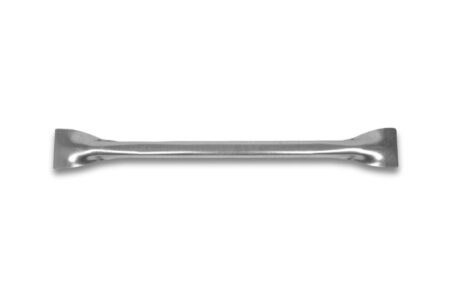 A silver-coloured metal cup-over safety bar with flared ends is centered horizontally against a white background.