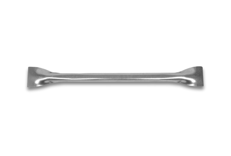 A silver-coloured metal cup-over safety bar with flared ends is centered horizontally against a white background.