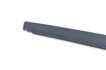 A close-up, angled view of a dark gray E-Z-Rect Type 1 frame connector light duty bar reveals "e-z-rect" and "MADE IN CANADA" embossed on its surface, with a notched end.
