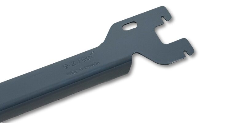 A close-up, angled view of a dark gray E-Z-Rect Type 1 frame connector medium duty bar shows its "e-z-rect" embossing.