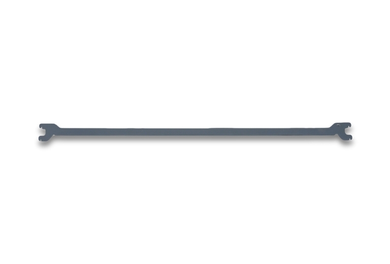 A horizontal, dark gray E-Z-Rect Type 1 frame connector medium duty bar with notched ends is centered on a white background.