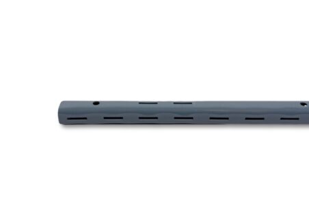 A close-up, angled view of a dark gray E-Z-Rect Type 1 post shows its rounded end and a series of horizontal slots along its length.