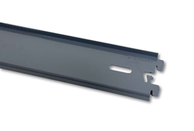 A close-up, angled view of a dark gray E-Z-Rect Type 1 post connector shows its textured surface with "e-z-rect" and "MADE IN CANADA" embossed.