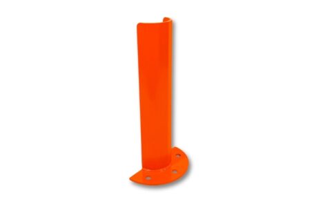 An orange, floor-mounted rounded corner guard with a curved top and a flat, half-circle base with bolt holes, is positioned at an angle on a white background.