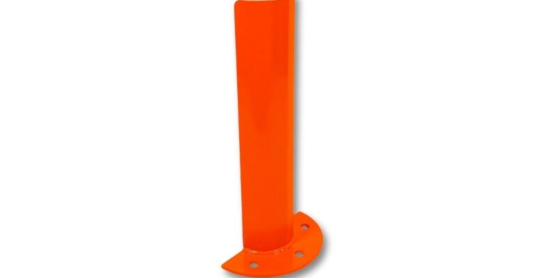 An orange, floor-mounted rounded corner guard with a curved top and a flat, half-circle base with bolt holes, is positioned at an angle on a white background.