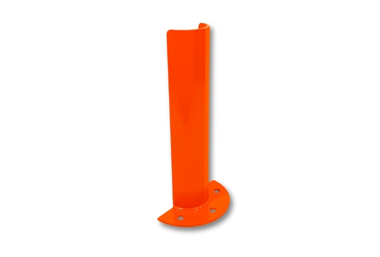 An orange, floor-mounted rounded corner guard with a curved top and a flat, half-circle base with bolt holes, is positioned at an angle on a white background.