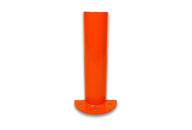 An orange, floor-mounted rounded corner guard with a flat, half-circle base is centered vertically against a white background.
