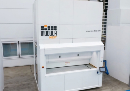 A photo of the Modula Next VLM - one of the newest innovations of Modula, where it combines the accuracy of a vending machine with the space-saving benefits of a vertical lift module.