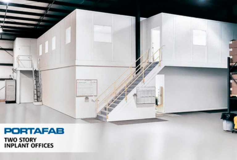 A two-story white modular office is shown inside a warehouse with visible stairs and windows. A text overlay reads 'PORTAFAB TWO STORY INPLANT OFFICES'.