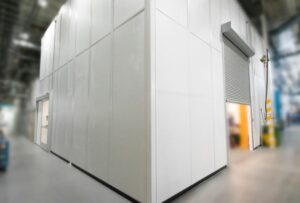 Prefabricated modular office in warehouse with roll up doors