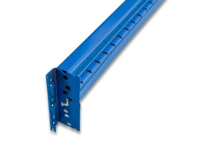 A close-up, angled view of a blue step beam against a white background.