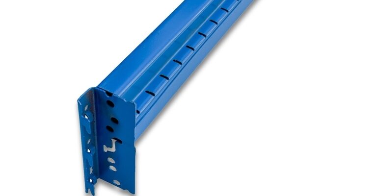 A long, horizontal blue step beam with mounting plates at each end is centered against a white background.