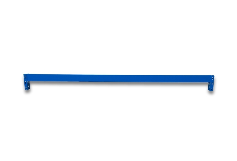 A long, horizontal blue step beam with mounting plates at each end is centered against a white background.