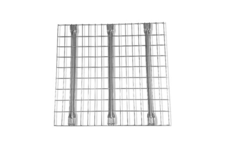 An overhead view shows a rectangular waterfall wire mesh deck with a grid pattern, featuring three horizontal support bars, all on a white background.