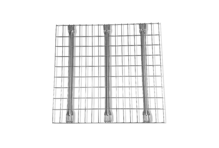 An overhead view shows a rectangular waterfall wire mesh deck with a grid pattern, featuring three horizontal support bars, all on a white background.