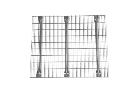 An overhead view shows a rectangular waterfall wire mesh deck with a grid pattern, featuring three horizontal support bars, all on a white background.