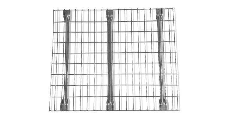 An overhead view shows a rectangular waterfall wire mesh deck with a grid pattern, featuring three horizontal support bars, all on a white background.