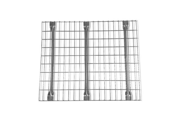 An overhead view shows a rectangular waterfall wire mesh deck with a grid pattern, featuring three horizontal support bars, all on a white background.