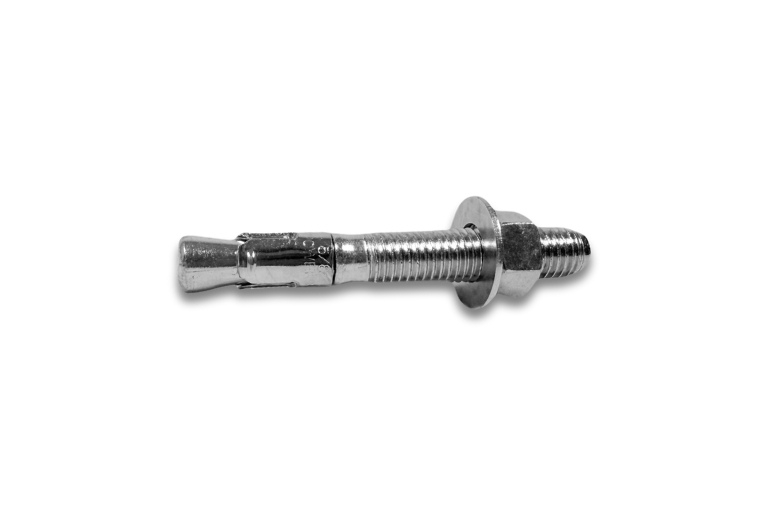 A single, metallic wedge anchor with a threaded shaft, washer, and nut is horizontally centered against a white background.