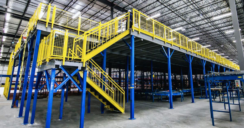 Heavy-duty structural freestanding mezzanine elevated on blue support columns, featuring integrated access stairways and yellow safety handrails.