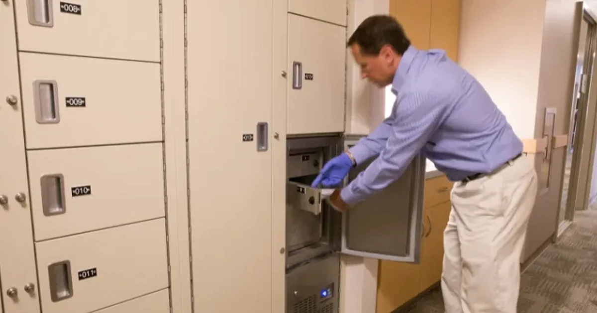 A man opening an evidence storage locker with a refrigerated compartment for secure handling of biological evidence and sensitive specimens.